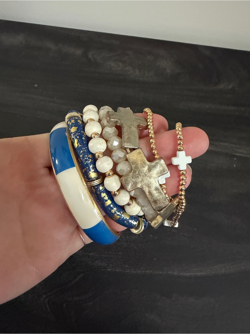 Stacked Blue & White Cross Bead Bracelet Set